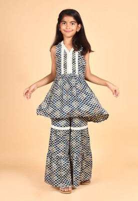 MisBis Girls Festive & Party Angarkha and Sharara Set(Blue Pack of 1)