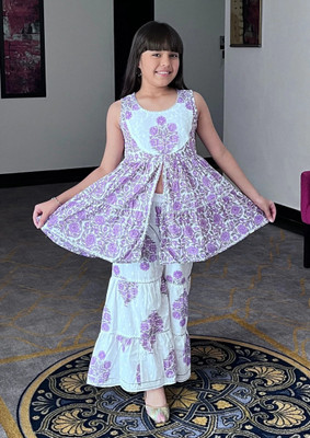 Curly Tales Girls Festive & Party Kurta and Sharara Set(Purple Pack of 1)
