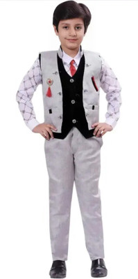 SONUJAIN Boys Festive & Party Shirt, Waistcoat and Pant Set(Grey Pack of 1)