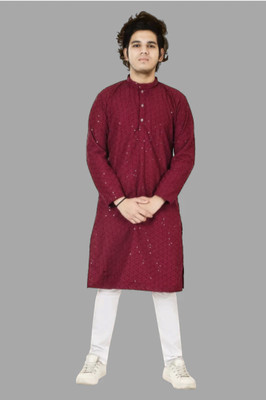ZARTAJ Boys Festive & Party Kurta and Pyjama Set(Maroon Pack of 1)