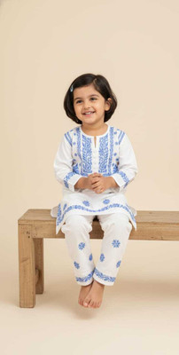 ChikanKari By Klothes Hub Girls Festive & Party Kurta and Pyjama Set(Blue Pack of 1)