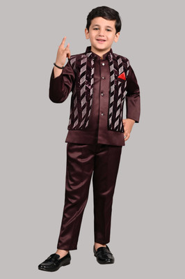 HouseOfCommon Boys Festive & Party Kurta, Waistcoat and Pyjama Set(Maroon Pack of 1)