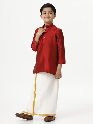 Ramraj Cotton Boys Festive & Party Dhoti & Kurta Set(Red Pack of 1)