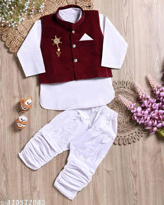 New Ekta Dresses Baby Boys Festive & Party Kurta, Waistcoat and Pyjama Set(Maroon Pack of 1)