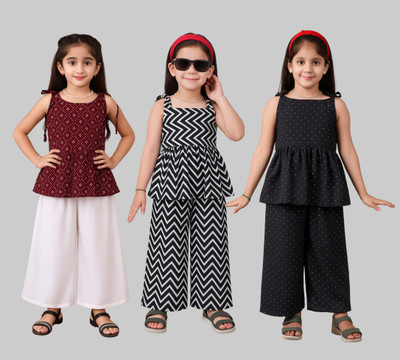 pj fashion Girls Festive & Party Kurta and Palazzo Set(Multicolor Pack of 3)