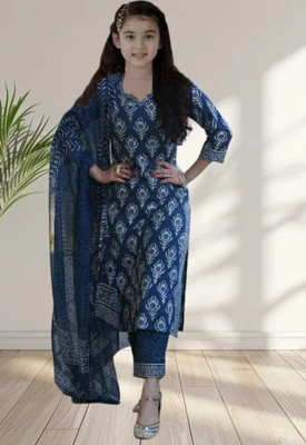 Various Vault Girls Casual Churidar and Dupatta Set(Blue Pack of 1)