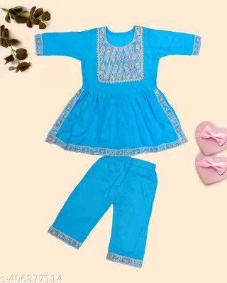 jrgarments Baby Girls Casual Kurta and Pyjama Set(Light Blue Pack of 1)