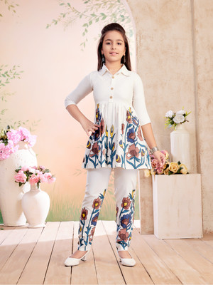 Yk Girls Festive & Party Kurta and Trouser Set(White Pack of 1)