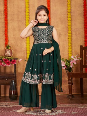 Aarika Girls Festive & Party Salwar and Kurta Set(Dark Green Pack of 1)