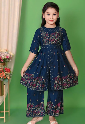 HEENADRESS Girls Festive & Party Kurta and Palazzo Set(Blue Pack of 1)