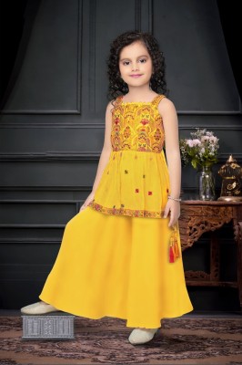 Dhvra Fashion Girls Wedding Kurta and Palazzo Set(Yellow Pack of 1)