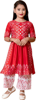 NEWJON Girls Festive & Party Kurta and Palazzo Set(Red Pack of 1)