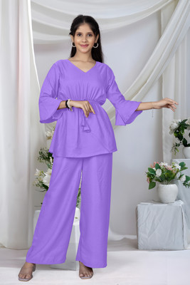 RNCLOTH Girls Casual Kurta and Palazzo Set(Purple Pack of 1)