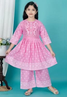 RKTM Girls Festive & Party Kurta and Palazzo Set(Pink Pack of 1)