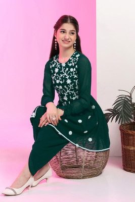 Tasrika Girls Festive & Party Kurta and Palazzo Set(Green Pack of 1)