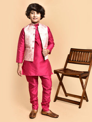 PRINTCULTR Boys Festive & Party Kurta, Waistcoat and Pyjama Set(Pink Pack of 3)