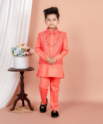 Fizacreation Boys Festive & Party Kurta, Waistcoat and Pyjama Set(Orange Pack of 1)