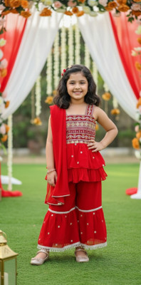 FHKIDS FASHION Girls Festive & Party Kurta, Pyjama & Dupatta Set(Red Pack of 1)