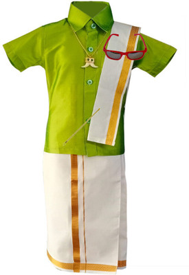 Virmilli Fashion Boys Festive & Party Dhoti, Shawl and Shirt Set(Green Pack of 1)