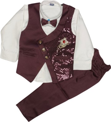 Minicaption Baby Boys Festive & Party, Wedding Shirt, Waistcoat and Pant Set(Maroon Pack of 3)