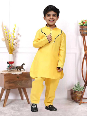 MUSTAKIN CREATION Boys Casual Kurta and Pyjama Set(Yellow Pack of 1)