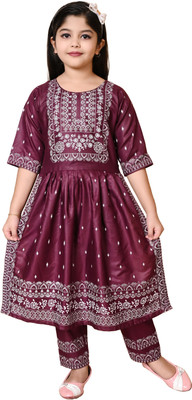 YAYAVAR Baby Girls Festive & Party Kurta and Pyjama Set(Maroon Pack of 1)