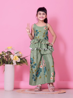 satyamfab Girls Festive & Party Kurta and Palazzo Set(Green Pack of 1)