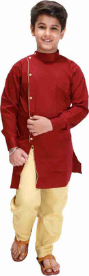 Fourfolds Boys Festive & Party Kurta and Pyjama Set(Maroon Pack of 1)
