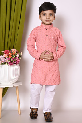 SelfiCollection Boys Festive & Party Kurta and Pyjama Set(Pink Pack of 1)