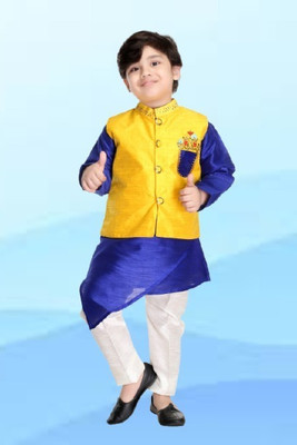 Smuktar garments Baby Boys Casual, Festive & Party, Wedding Kurta, Waistcoat and Pyjama Set(Yellow Pack of 1)
