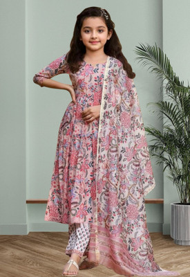 Various Vault Girls Festive & Party Kurta, Pyjama & Dupatta Set(Pink Pack of 1)
