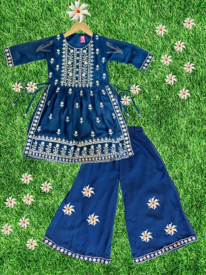 AL BAYDAR FASHION Girls Festive & Party Kurta and Palazzo Set(Blue Pack of 1)