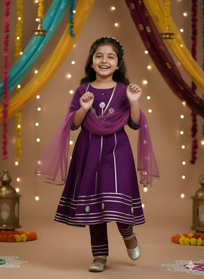 Pari Mahal Girls Casual Kurta, Pyjama & Dupatta Set(Purple Pack of 1)