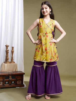 Curly Tales Girls Festive & Party Angarkha and Sharara Set(Yellow Pack of 1)