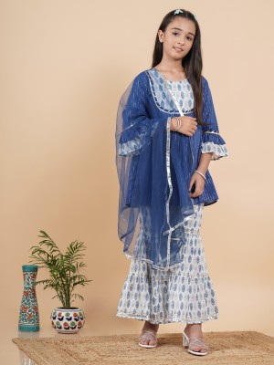 JustShe Girls Festive & Party Kurta, Pyjama & Dupatta Set(Blue Pack of 1)