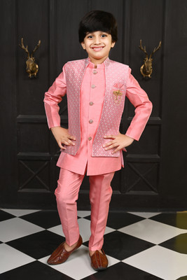 AHHAAAA Boys Festive & Party Kurta, Waistcoat and Pyjama Set(Pink Pack of 1)