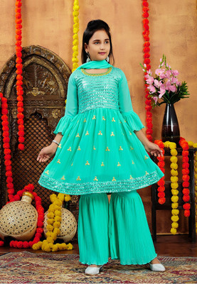 Yk Girls Festive & Party Kurta and Sharara Set(Light Green Pack of 1)