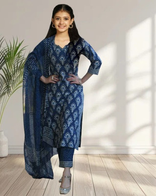 Various Vault Girls Casual Churidar and Dupatta Set(Blue Pack of 1)