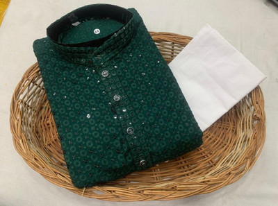 GRATITUDE ROCK Boys Wedding Kurta and Pyjama Set(Dark Green Pack of 1)