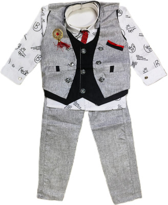 vidyanjali Boys Festive & Party Shirt, Waistcoat and Pant Set(Grey Pack of 1)