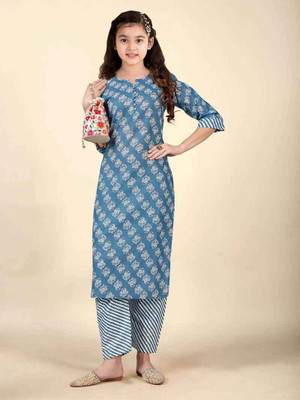 SATVASHIV Girls Festive & Party, Casual Kurta and Pyjama Set(Blue Pack of 1)