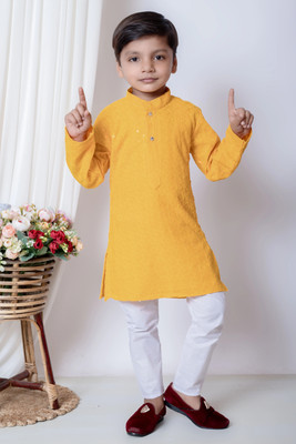 SelfiCollection Boys Festive & Party Kurta and Churidar Set(Yellow Pack of 1)