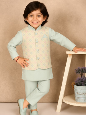 Kidbea Boys Festive & Party Kurta and Pyjama Set(Blue Pack of 1)