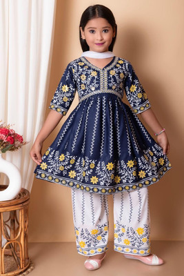 HouseOfCommon Girls Festive & Party Kurta, Pyjama & Dupatta Set(Blue Pack of 1)