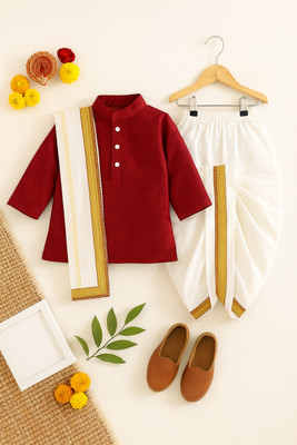 New Ekta Dresses Boys Festive & Party Kurta, Dhoti Pant & Dupatta Set(Maroon Pack of 1)