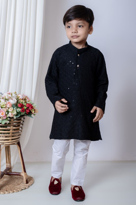 SelfiCollection Boys Festive & Party Kurta and Pyjama Set(Black Pack of 1)