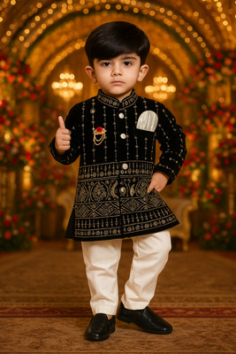 Aksa Fashion Boys Festive & Party Sherwani and Churidar Set(Black Pack of 1)