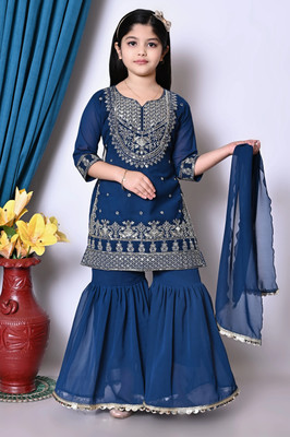 Jbegam Girls Casual Kurta and Sharara Set(Blue Pack of 1)