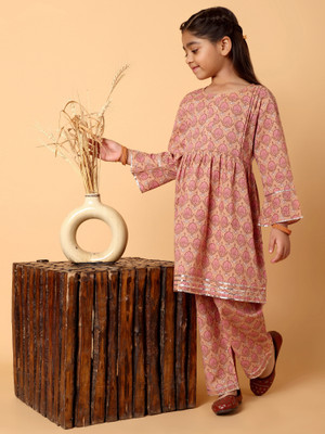 Indo Era Girls Festive & Party Kurta and Trouser Set(Beige Pack of 2)