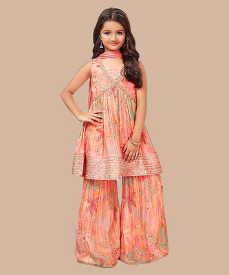 Wommaniya Impex Girls Festive & Party Kurta and Sharara Set(Pink Pack of 1)